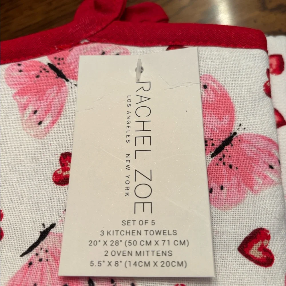 RACHEL ZOE Hearts & Butterfly 5-Pc Kitchen Towel Oven Mitt Set **NEW**